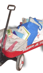 A Red Radio Flyer Wagon full of library books in canvas bags.