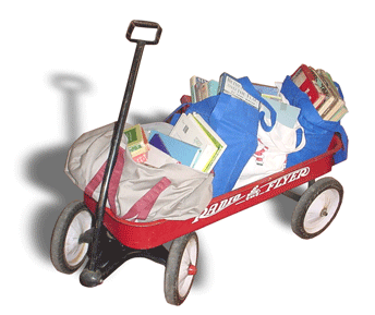 A red Radio Flyer wagon full of library books in canvas bags.