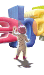 A baby standing in front of an inflated ebay logo.