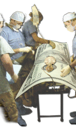 Four surgeons operating on a $10 bill.
