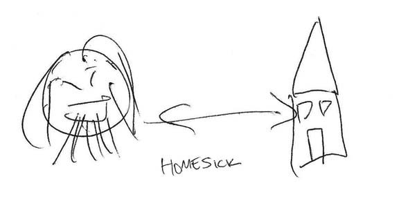 Pictionary drawing of a sick person and a home. Homesick