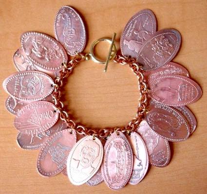 a bracelet made from souvenir squished pennies from sites all over the world.