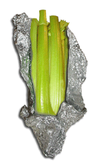Stalks of celery wrapped in aluminum foil.