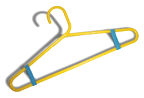 A yellow hanger with thick blue rubber bands on it.