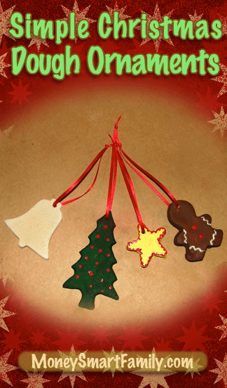 4 dough ornaments hanging by a red ribbon on a brown paper background. An easy Christmas Craft for kids.