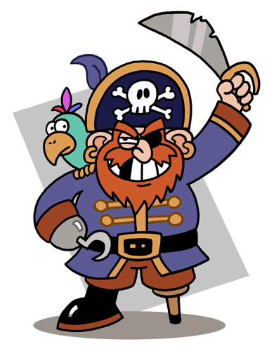 Cartoon of a peg-legged pirate with a sword and a parrot on his shoulder.
