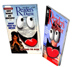 Two Reader's Digest Magazines with eyeballs on it and laughing mouths.