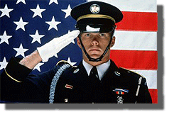Soldier in dress uniform saluting in front of an American Flag.