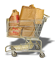A shopping cart with paper sacks of groceries in it.