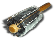 A black hairbrush covered with clear tape to clean lint from clothes.